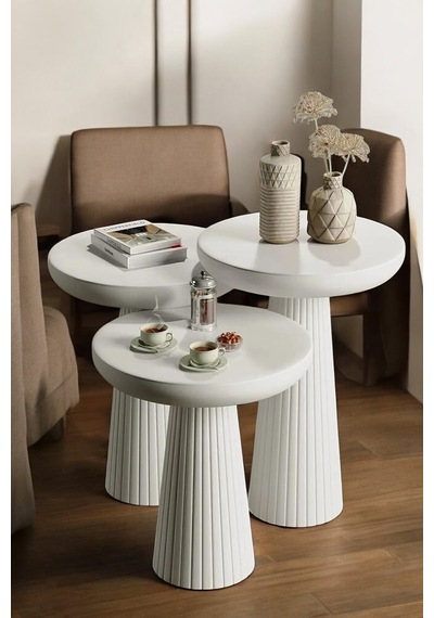 Wood Ahşap Beyaz Renk 3 Lü Set Mantar Yan Sehpa Fiskos Çiçeklik Decorative Beyaz