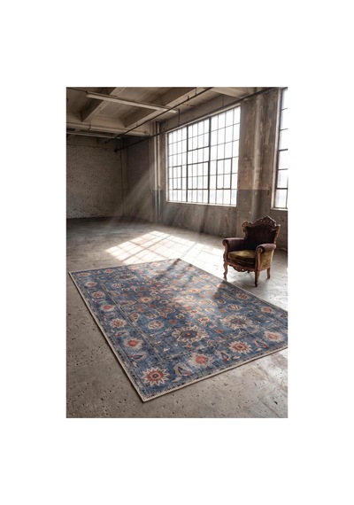 Artloop İstanbul Lacivert Vintage Desenli Dokuma Tabanlı Şönil Halı Al 652 Lacivert - Vintage