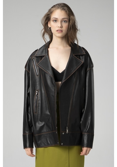 Siyah/taba Dericlub Wm019 Oversize Biker Hakiki Deri Kadın Mont