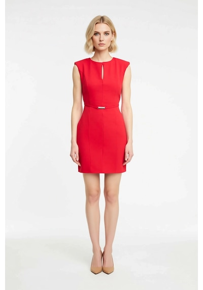 Benerly Kadın Kolsuz Mini Elbise Bisiklet Yaka Kemerli Bodycon Kesim Esne Kırmızı