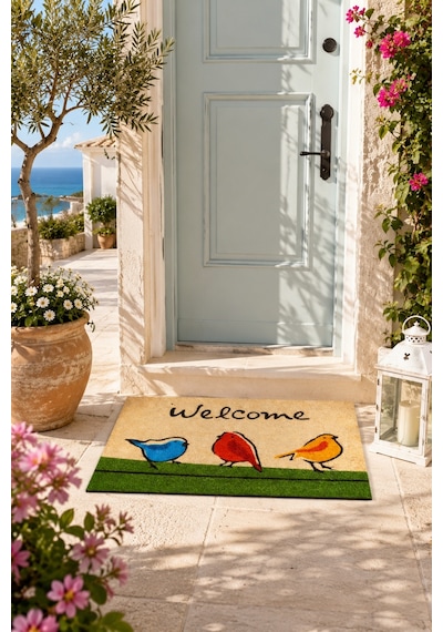 Esnature Chirp Birds Renkli Cıvıldıyan Kuşlar Kahverengi Welcome Kapı Önü Paspası 45x70 Cm Çok Renkli