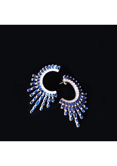 Safir Taşlı Güneş Tasarım Gümüş Küpe Gümüş