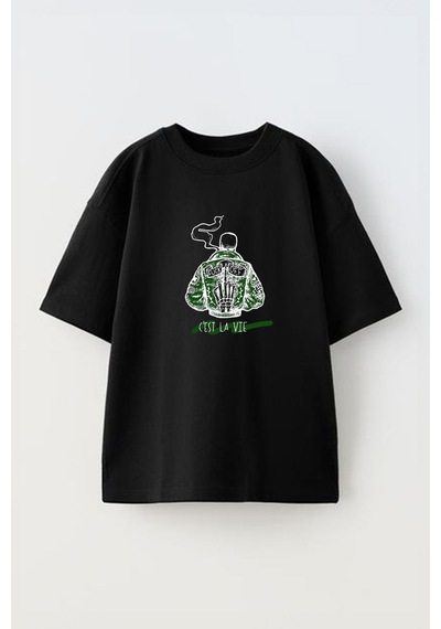 Thewert Unisex Cest La Vıe Tasarım Baskılı Pamuk Sıyah Oversize T-shirt Siyah