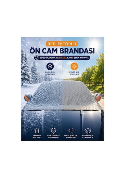Reflektörlü Ön Cam Brandası Kışın Dona, Yazın Güneşe Karşı Koruyucu Araç Cam Örtüsü