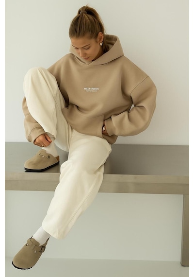 Benroma 3 İplik Penye Peteet Studıos Baskılı Unisex Kapüşonlu Sweat Bej