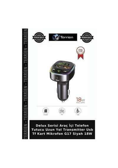 Delux Serisi Araç İçi Telefon Tutucu Uzun Yol Transmitter Usb Tf Kart Mikrofon G17 Siyah 18w