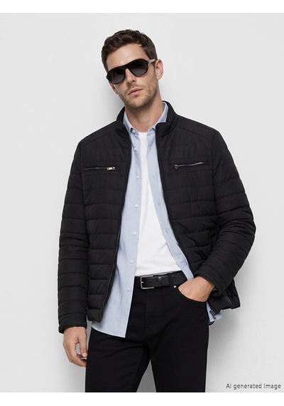 Lcwaıkıkı Classic Siyah Regular Fit Dik Yaka Erkek Deri Görünümlü Mont