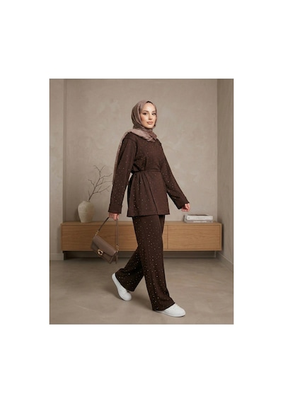 Unika Boutique Taşlı Yandan Bağlamalı Takım Kahverengi