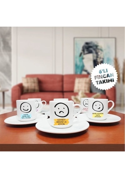 Karikatür Suratlar Temalı 6'lı Kahve Fincan Seti-008