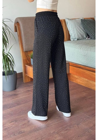 Pera Aksesuar Geniş Paça Siyah Beli Lastikli Taşlı Pantolon Siyah Siyah