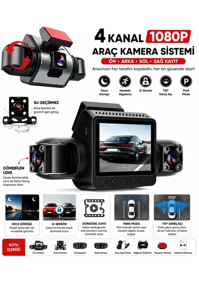 4 Kanal 1080p Araç Kamera Sistemi Ön Arka Sol Sağ Kayıt, 170 Geniş Açı, Gece Görüşü, G-sensör, Park Modu