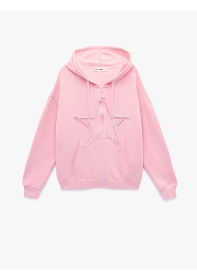 Koton Kapüşonlu Fermuarlı Yıldız İşleme Detaylı Oversize Taşlı Sweatshirt Pembe 6sal10341ık Gülkurusu