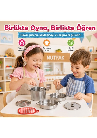8 Parça Çelik Tencere Tava Seti, Çocuklar İçin Metal Mutfak Ve Evcilik Oyun Seti Atf-1818-3 Diğer