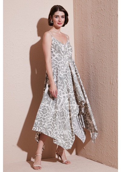Lela Desenli Asimetrik Kesim Regular Fit Midi Boy Askılı Bayan Elbise 5866126 Olive