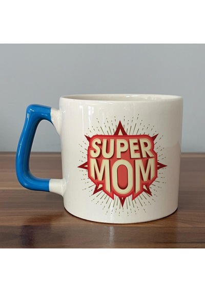 Süper Mom Kırmızı Baskılı Mavi Kulplu D Kupa