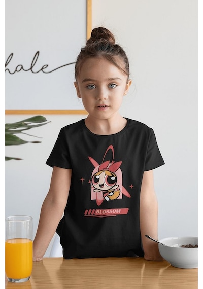 Sevbano Blossom Baskılı Unisex Power Puff Girls Çizgi Film Çocuk Tişört Siyah