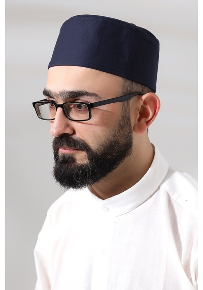 Lacivert Kapitone Elif Vav Nakışlı Kalıp Namaz Takkesi Lacivert