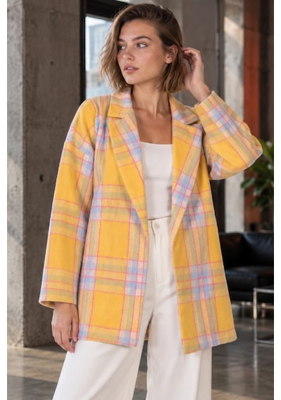 Armonika Kadın Sarı-fuşya Erkek Yaka Yanları Yırtmaçlı Oversize Ceket Arm-26k001009