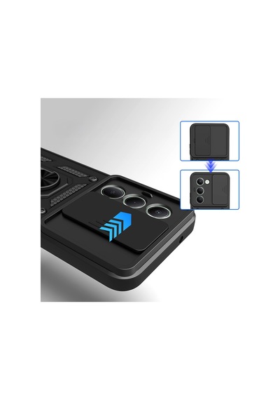 Vendas Xiaomi Redmi 15 Kılıf Magnetik Standlı Kamera Korumalı Zore Sürgülü Vega Kapak Siyah