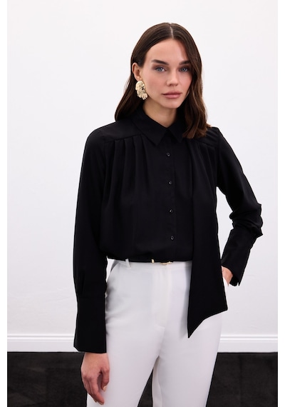 Sateen Fularlı Gömlek - Siyah-136899 Siyah