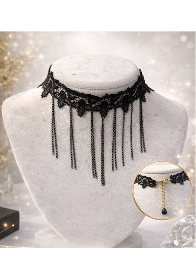Gotik Choker Dantel Kolye Vintage Tarzı Püskül Zincirli Siyah