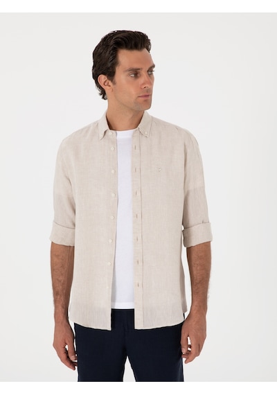 Cacharel Bej Regular Fit %100 Keten Gömlek