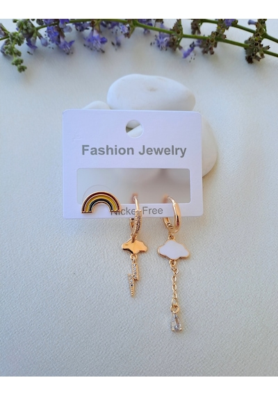 Dali Shop Gökkuşağı Bulut Figürlü 3'lü Küpe Gold