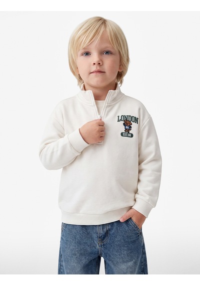 Koton Ayıcık Detaylı Yarım Fermuarlı Uzun Kollu Dik Yaka Oversize Sweatshirt Ekru 7wmb10066tk