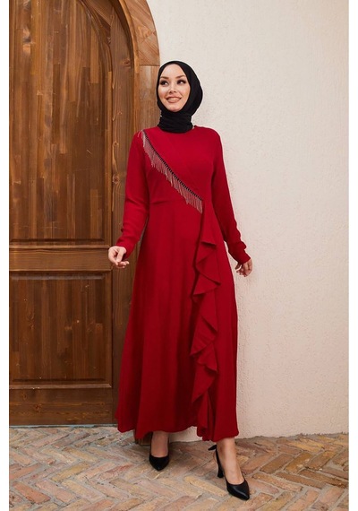 Neşeli Butik Kadın Zincir Detaylı İthal Kumaş Tesettür Elbise Sms029 Bordo