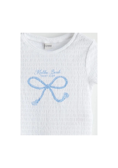 LC Waikiki Lcw Kids Beyaz Bisiklet Yaka Fiyonk Baskılı Kız Çocuk Crop Tişört Buxe Whıte