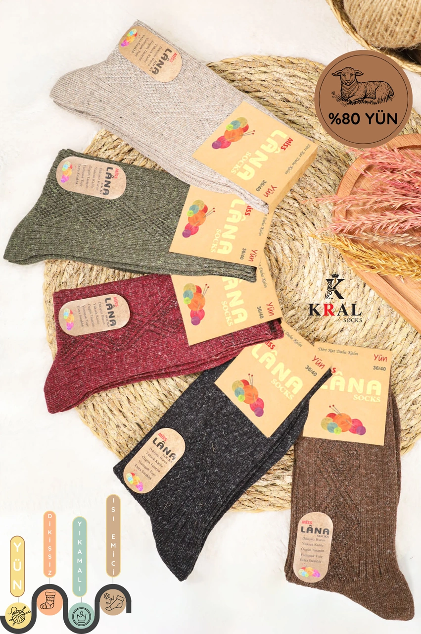 Miss Lana Ladies Socks Kışlık 5 Çift Lambswool Kadınlar Için Termal Kutulu Dikişsiz Yün Çorap ASORTİ
