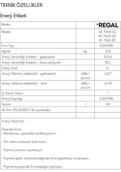 Regal AF 7665 GC 65 LT Elektro Turbo Ankastre Fırın
