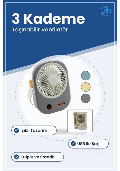 Mini Usb Masaüstü Vantilatör 3 Kademe Işıklı Taşınabilir Kulplu S