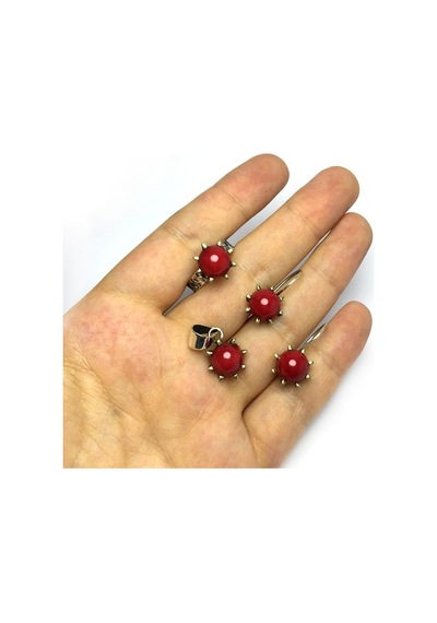 Mercan Taşlı El Işi Otantik Gümüş Üçlü Set (515514674)