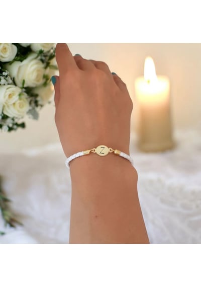 Z Harfine Özel 14 Ayar Altın Plakalı Doğal Beyaz Derili Oval Motifli Hediye Bileklik-529harf Z