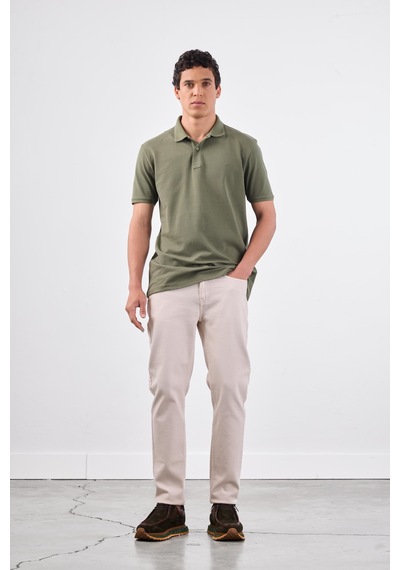 Dufy Haki Polo Yaka Pamuklu Düz Renk Slim Fit Erkek T-shirt Haki