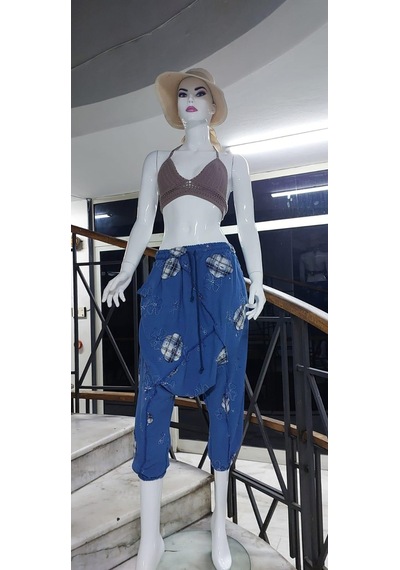 Boho Şalvar Pantolon Asimetrik Ceket Takım Mavi
