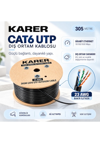 305 Metre Cat6 Utp Outdoor Dış Ortam İnternet Ve Güvenlik Kamera Kablosu 23 Awg Bakır İletken
