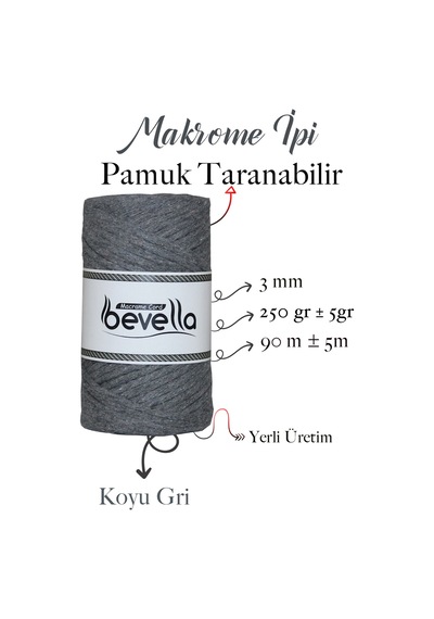 Taranan Makrome Ipi 3mm Taranabilir Pamuk Tek Büküm Makrome Ipi Koyu Gri