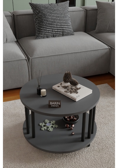 Modern Yuvarlak Orta Sehpa Çift Katlı Siyah Metal Ayaklı Salon, Ofis, Dekoratif Masa Antrasit Modern Yuvarlak Orta Sehpa Çift Katlı Siyah Metal Ayaklı Salon, Ofis, Dekoratif Masa Antrasit
