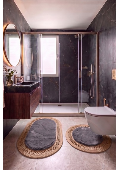 Banyo Paspası Takımı 60x100+60x60 Cm İç Trikot Antrasit Gri & Camel