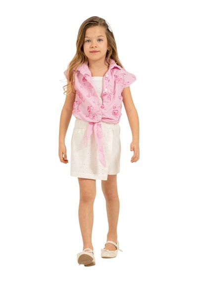 İrem Kız Çocuk Pembe Çizgili Gül Detaylı Düğme Kapamalı Önü Bağlamalı Gömlek Taşlı Şort Etekli Üçlü Takım İrem Kız Çocuk Pembe Çizgili Gül Detaylı Düğme Kapamalı Önü Bağlamalı Gömlek Taşlı Şort Etekli Üçlü Takım