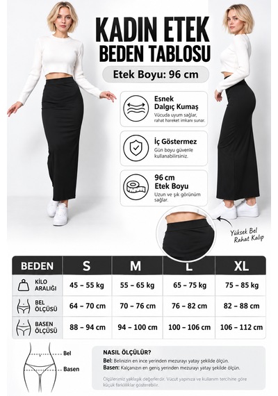 Mrm Pro Kadın Uzun Spor Kalem Etek Esnek Dalgıç Kumaş Maxi Boy 96 Cm Yüksek Bel Günlük Şık Etek Siyah