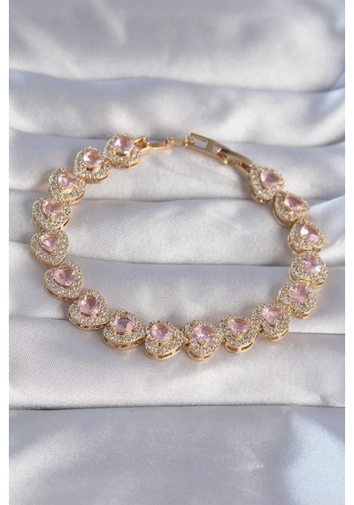 Vip Seri Pirinç Gold Renk Pembe Zirkon Taşlı Tasarımlı Bileklik Standart