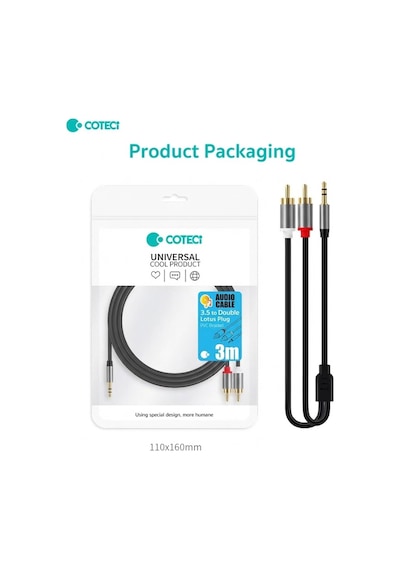 3.5mm To 2 Rca Ses Kablosu Jack Aux Lale Jak Tos Fiş Amfi Hoparlör Dönüştürücü Altın Kaplama 3 Metre