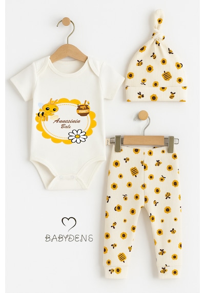 Babyden's Annesinin Balı Yazılı 3 Lü Bebek Takımı Pamuklu Kısa Kollu Çıtçıtlı Body, Arı Desenli Pantolon,bere Ekru