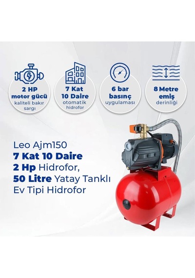 Leo Ajm150 7 Kat 10 Daire 2 Hp Hidrofor, 50 Litre Yatay Tanklı Hidrofor, Ev Tipi Hidrofor