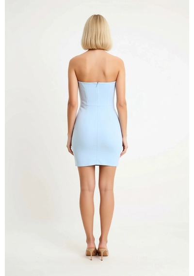 Benerly Kadın Straplez Kolsuz Bodycon Kısa Elbise Düz Dokuma Astarlı Fini Açık Mavi