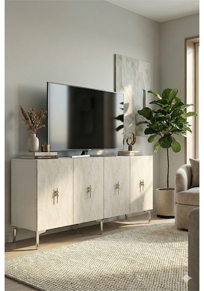 Ka1527bts Salkım Konsol Ve Tv Sehpası Beyaz-traverten-silver 150cm