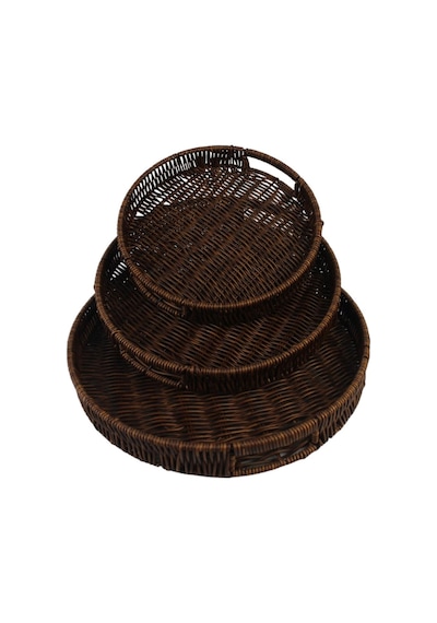 3 Lü Rattan Tepsi Dekoratif Tepsi Hasır Örme Tepsi Yuvarlak Kahverengi